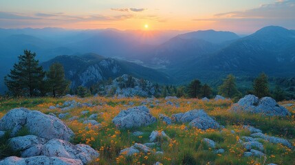 Majestic Sunset over Mountain Ranges and Flowery Meadows
