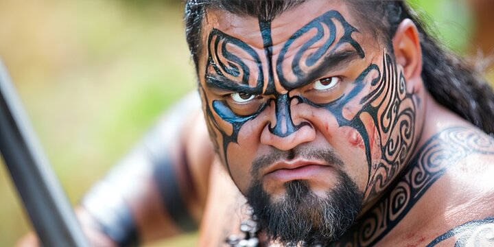 maori toa warrior emblazoned with tribal tattoos and ready for battle