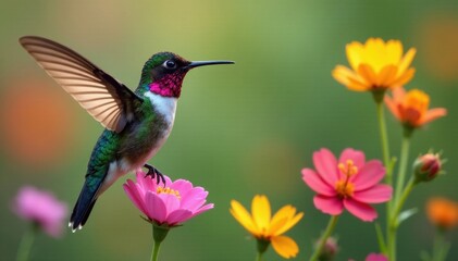 Fototapeta premium Vibrant hummingbird amidst blooming wildflowers, pollinator, design