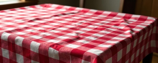Classic red & white gingham tablecloth on aged wood , design, still life