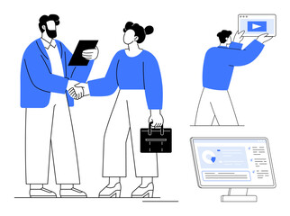 Professionals shaking hands, computer screen displaying data, person holding video content. Ideal for teamwork, partnership, presentations, business growth, cooperation, digital marketing simple