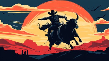 A stylized illustration of a cowboy riding a bull against a sunset landscape with birds flying above
