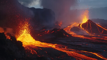 Volcanic Eruption and Lava Flow, Fiery Rivers of Molten Lava