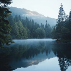 Misty mountain lake reflecting forest