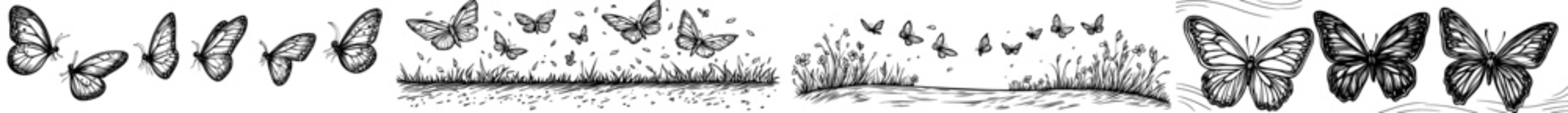 A dynamic silhouette of various butterflies in flight is ideal for nature-themed designs or decorative purposes