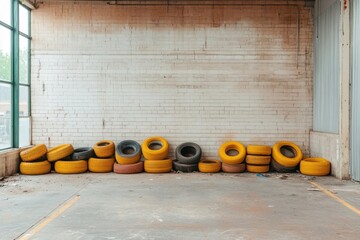 Discarded tires stacked in an industrial space with natural light illuminating the surroundings