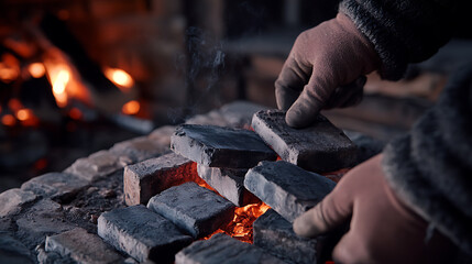 Blacksmith Handling Coal Bricks by a Fiery Forge