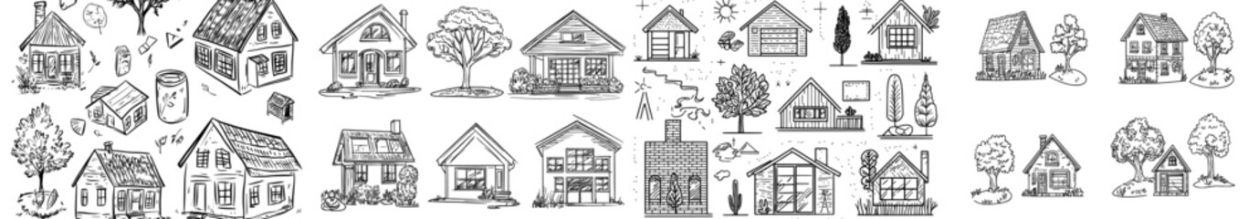 A compilation of dark outline drawings featuring diverse home designs and trees, perfect for residential and architectural concepts