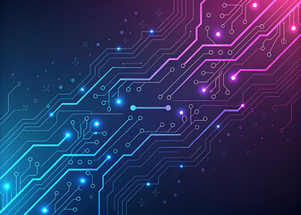 Abstract digital circuit board illuminated with glowing lines and lights.
