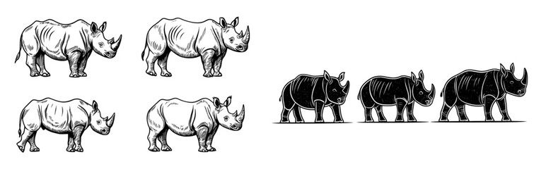 An assortment of black shapes illustrating rhinoceroses in multiple stances, perfect for incorporating into wildlife-inspired visual projects