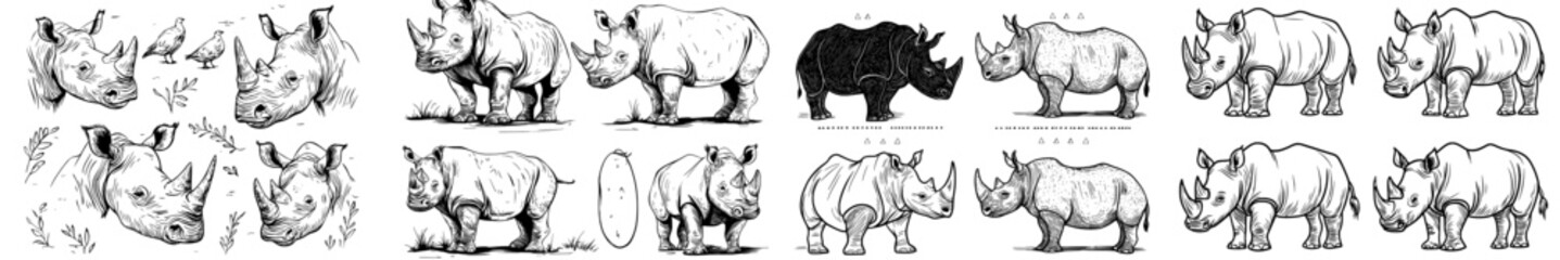 Fototapeta premium A gathering of stylized black rhinoceros silhouettes showcasing diverse poses and accentuating their unique characteristics and form