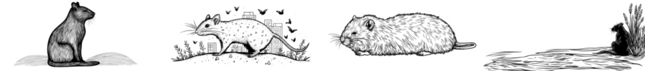 A minimalist design featuring a black silhouette of a mouse highlights its distinctive characteristics, including ears, tail, and furry body