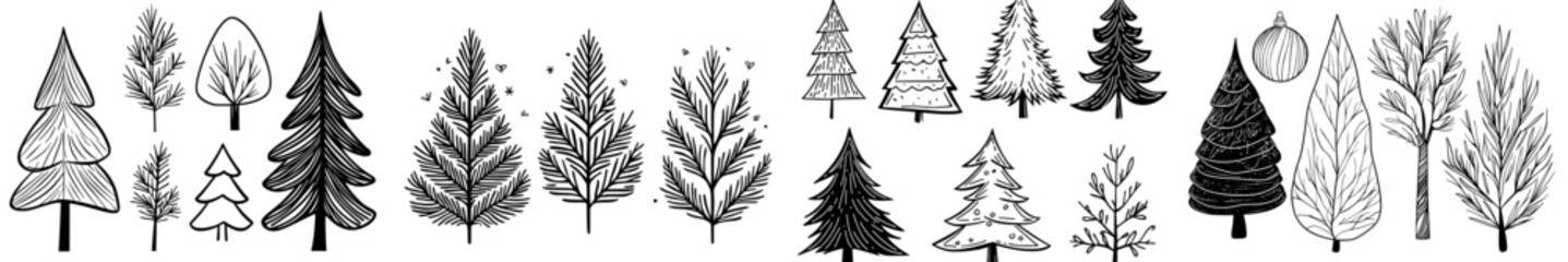 Obraz premium A set of eight Christmas trees in black silhouette form, uniquely adorned with stars and festive decorations