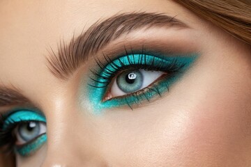 Fototapeta premium Close up of a Woman's Eye Featuring Vibrant Turquoise Makeup Generative AI