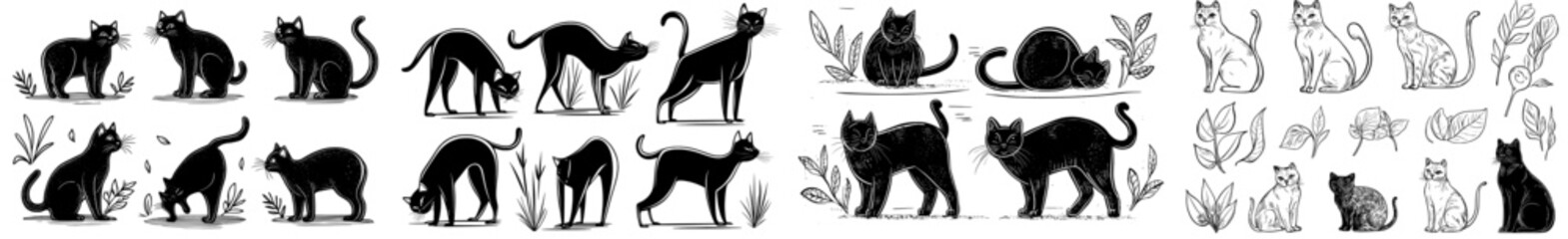 A compilation of silhouettes featuring black cats in diverse poses, ideal for use in graphic design and illustration work