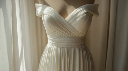 Elegant off-the-shoulder wedding dress.  Soft, flowing fabric drapes beautifully