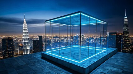 Futuristic sky deck with illuminated cube and cityscape vista at night - Powered by Adobe