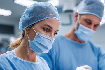 Surgeons focus intently on an operation in a modern hospital setting