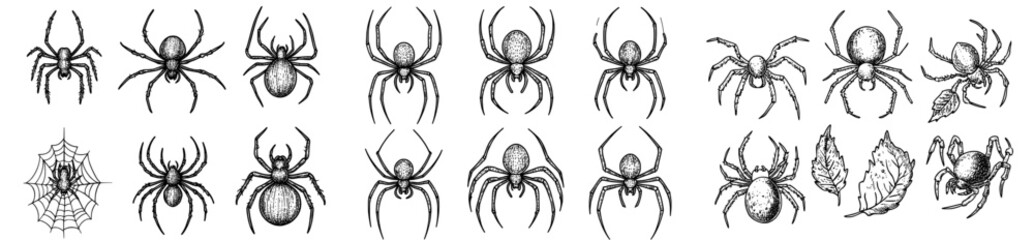 A set of black spider outlines in different poses, ideal for Halloween or nature-inspired designs