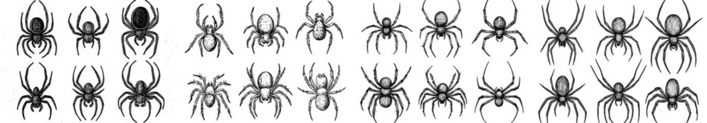 A set of six spider silhouettes in various poses and styles, perfect for design and illustration needs