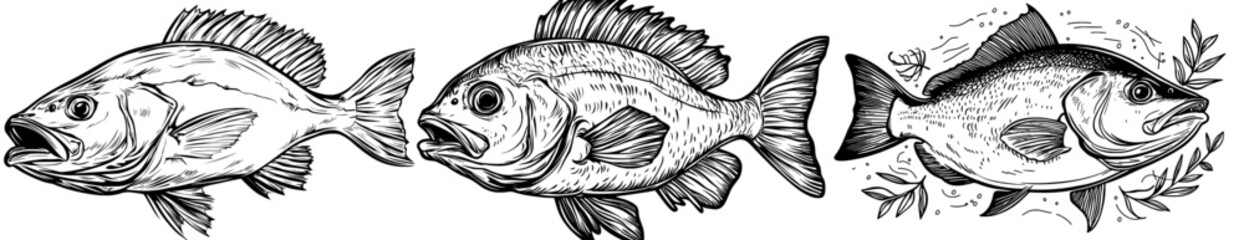 An intricate black silhouette drawing of a fish, well-suited for use in designs or projects with a marine or fishing theme