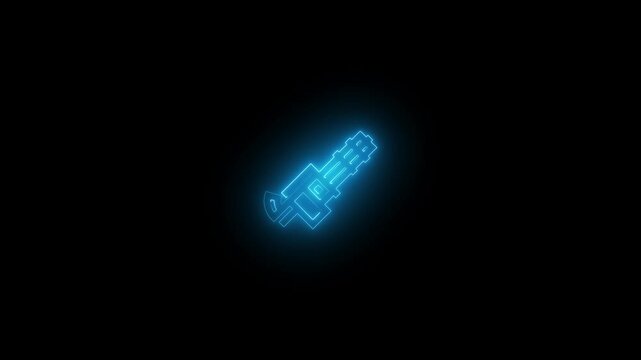 a glowing neon machine gun icon animation video on black background