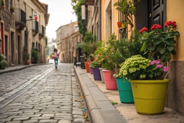Fototapeta premium Charming Cobblestone Street Lined With Vibrant Potted Plants Generative AI