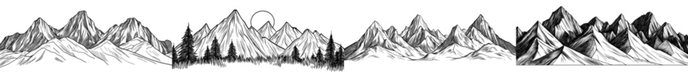 A simple yet striking black and white illustration of majestic mountains, ideal for designs or backgrounds with a nature theme © Andrei