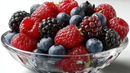 a fresh bowl of mixed berries including raspberries, blueberries, and blackberries on a white isolated background, sweet and tangy design