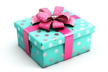 Festive Turquoise Gift Box with Pink Polka Dot Bow