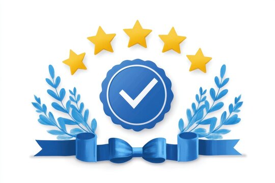 Verified badge with stars and blue floral decorations on a white plain background design