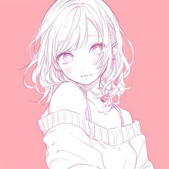 Pastel anime girl, soft pink background