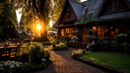 Sunset illuminates charming rustic lodge in peaceful garden setting