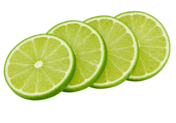Lime slices arranged in a row isolated on white background