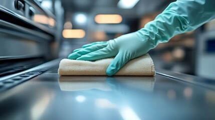 Cleaning Stainless Steel Surface with Microfiber Cloth and Gloved Hand