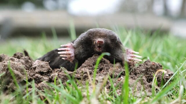 A mole is on the surface of molehill among green grass in the garden. Talpa europaea side view close-up. Dead animal with black fur. Garden pest concept. Lawn saving problems. High quality 4k footage.