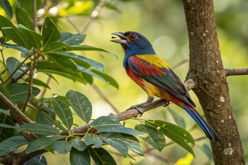 Colorful Bird Perched on Tree Branch Singing in Nature Generative AI