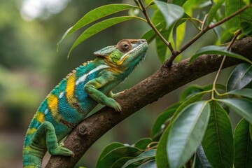 Colorful Chameleon Perched on a Tree Branch in the Forest Generative AI