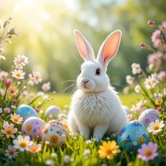 
Easter scene with white bunny surrounded by decorated easter eggs and spring flowers on green grass field under bright sun rays.