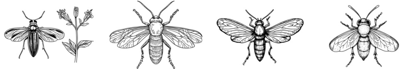 A precise black outline of an insect is displayed, highlighting its wings and body composition, suitable for educational and design applications