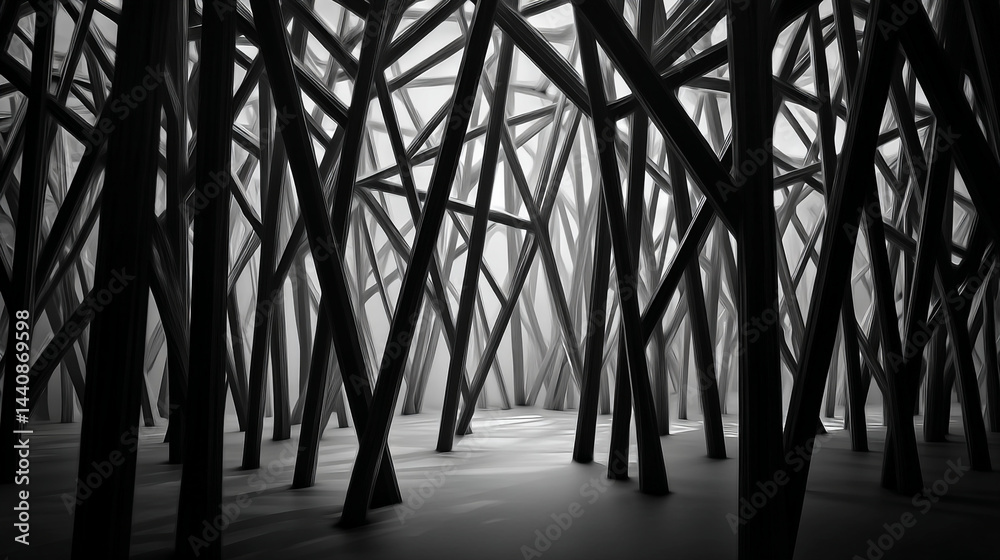 Poster monochrome image of a dense forest with tall thin trees and intersecting branches in grayscale