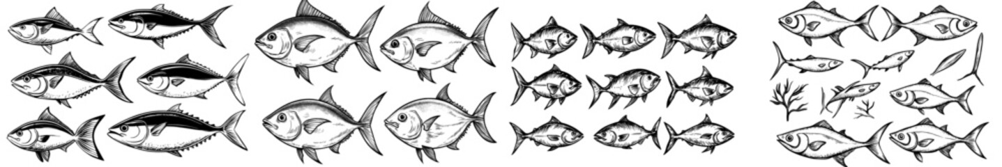 A diverse array of fish silhouettes showcases multiple species navigating a stylized underwater setting