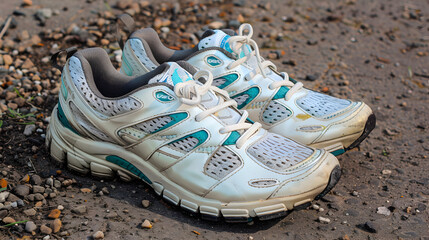 A pair of worn white and teal running shoes sitting on a dirt and gravel surface outdoors in daylight