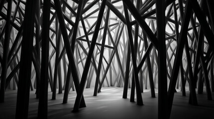 Obraz premium Monochrome image of a dense forest with tall thin trees and intersecting branches in grayscale