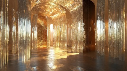 Golden hallway with arches and shimmering columns creating a luxurious and ethereal atmosphere overall