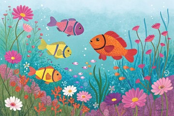 Naklejka premium Colorful Fish Swim Joyfully Among Vibrant Flowers Underwater Generative AI