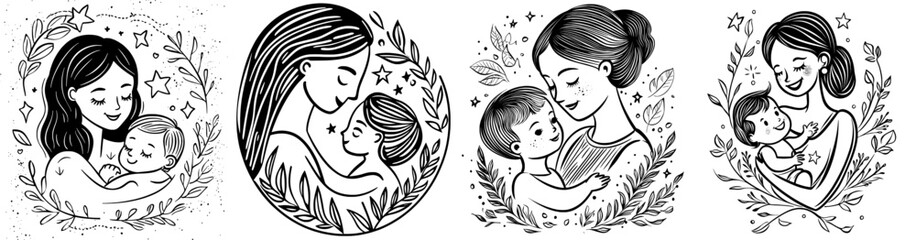 A stunning silhouette illustration depicts a mother cradling her child amidst leaves and stars, embodying love and care
