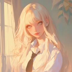 Blonde girl with long hair in soft light