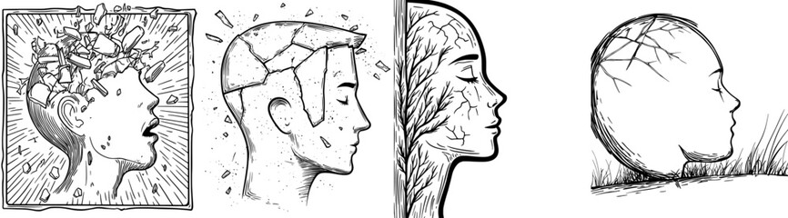 Fototapeta premium A human head's fragmented silhouette represents shattered mental processes or thoughts, suitable for psychological ideas