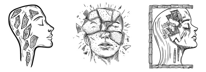 The abstract form of a cracked head serves as a symbol for mental health and psychological struggles, suitable for various artistic and conceptual endeavors